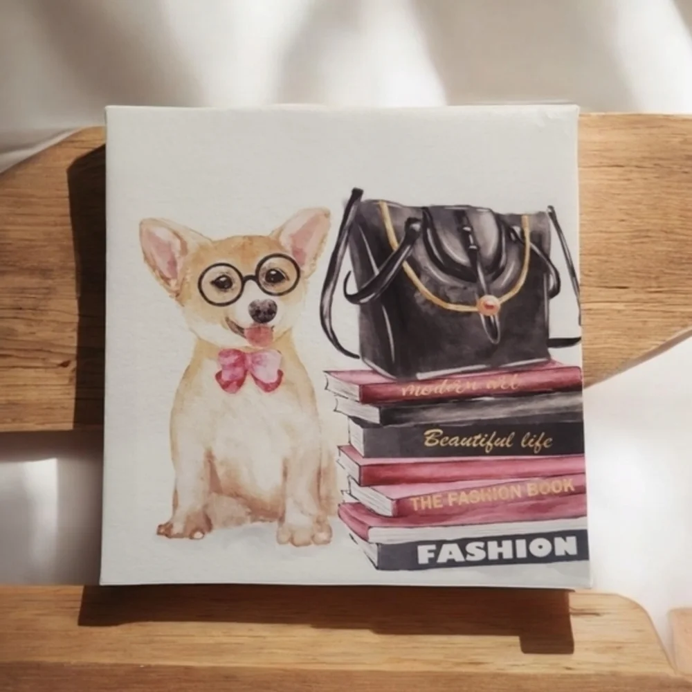 Animal Wall Art Canvas Fashion Book Corgi  French Bull Dog Glam Home Décor 7 × 7
